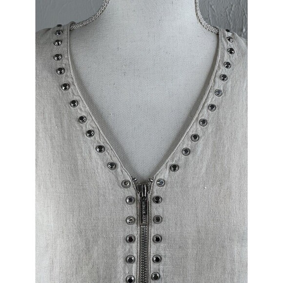 Michael Kors Women Oatmeal Linen Tunic Top V Neck Silver Studs Zippers Small - Picture 2 of 10